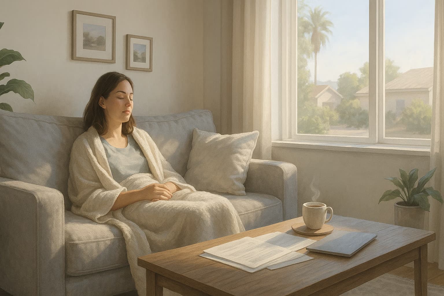 Woman sitting on the couch taking in the sun. Depicting living benefits and peace of mind
