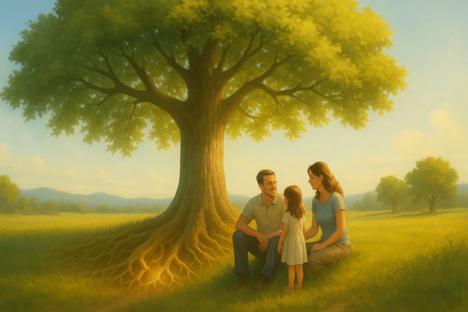 Family sitting next to a tree. Depicting permanent life insurance.