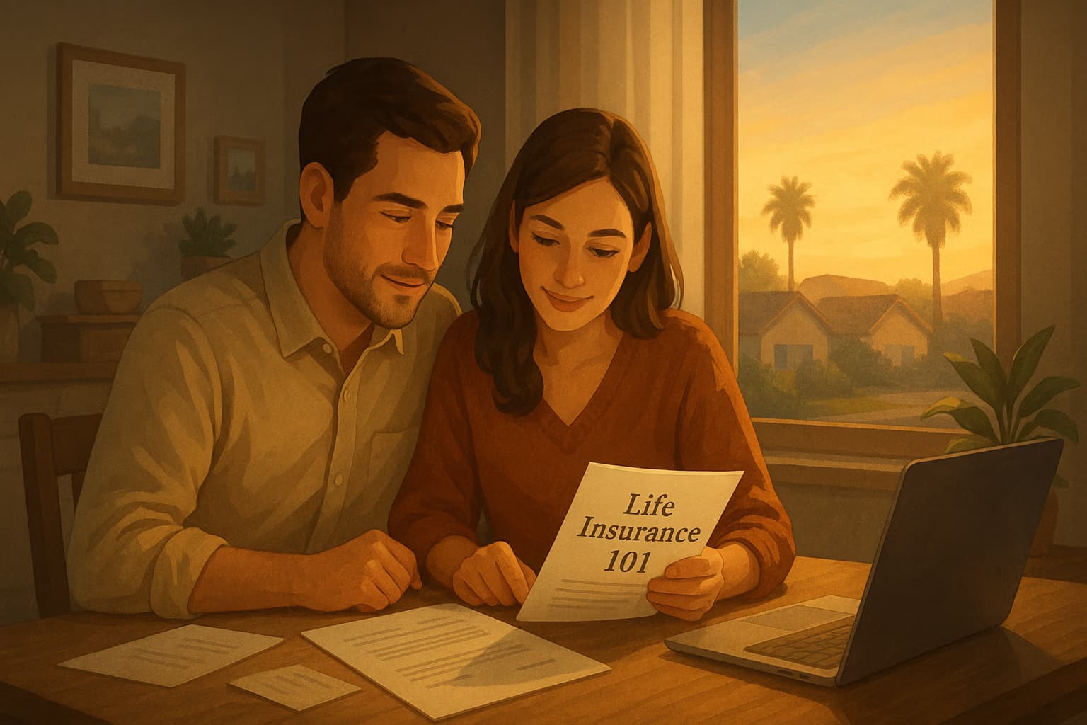 A couple looking at papers with one labeled: Life Insurance 101
